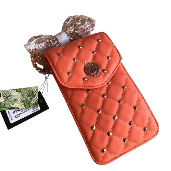 Badgley Mischka Phone Case Crossbody Diamond Pattern Quilting And Studs - Picture 1 of 12